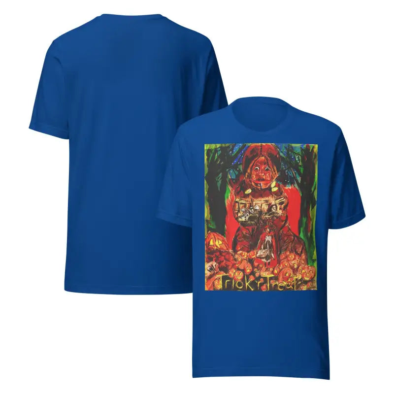 Blue unisex Halloween t-shirt featuring a Trick R Treat graphic design