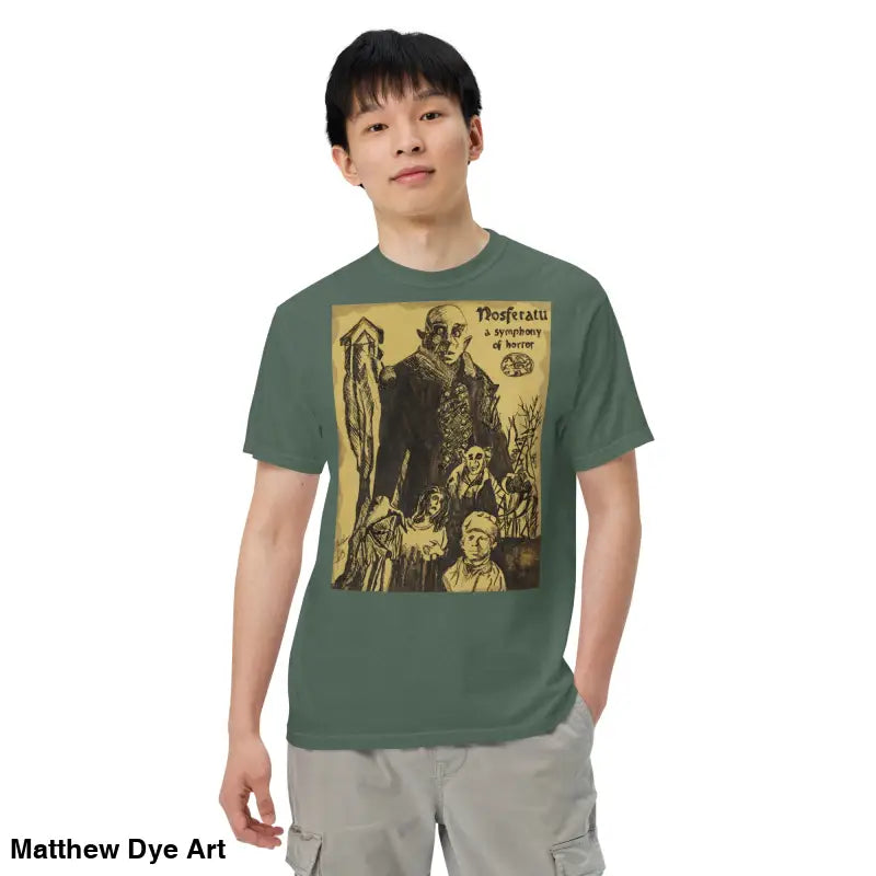 Green t-shirt featuring chillingly beautiful Nosferatu Halloween heavyweight graphic