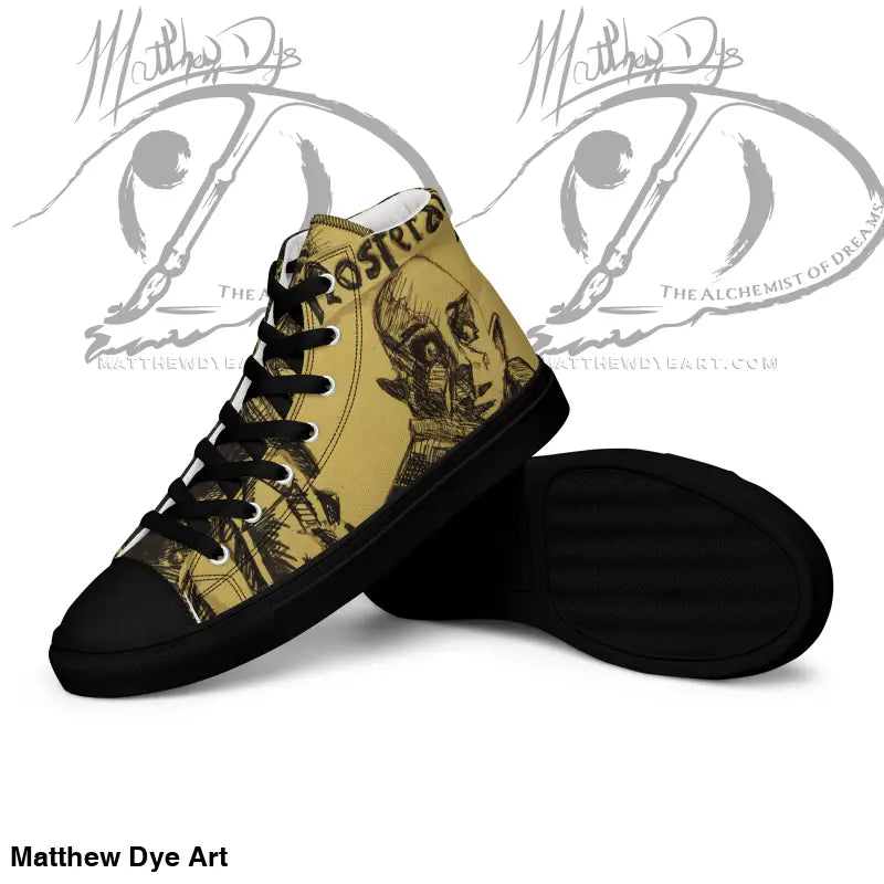 High-top Nosferatu shoes featuring Matthew Dye art in gold and black postal design