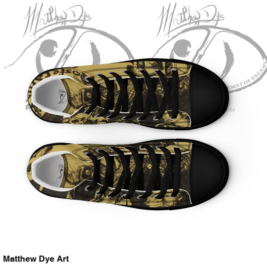 High-top sneakers featuring gold camouflage and black toe caps from Nosferatu High by Matthew Dye Art