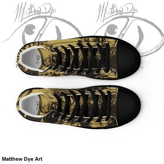 High-top sneakers featuring gold camouflage and black toe caps from Nosferatu High by Matthew Dye Art