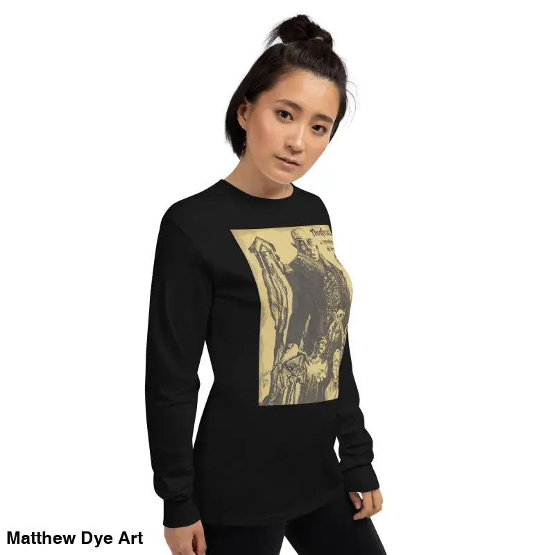 Black long-sleeved Nosferatu-inspired shirt featuring Count Orlok vintage horror art