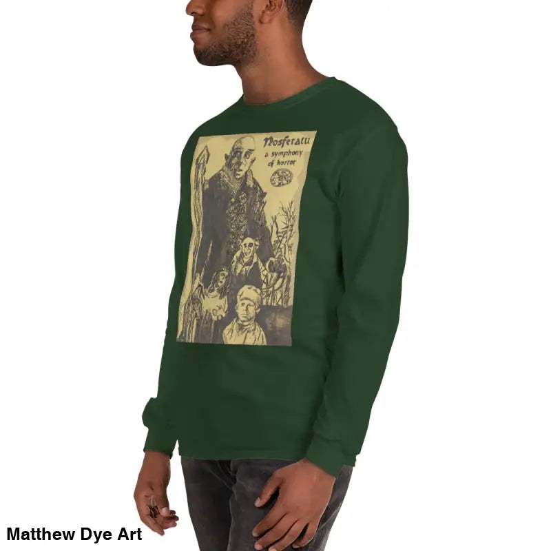Green long-sleeved shirt featuring Count Orlok from Nosferatu-inspired long sleeve design