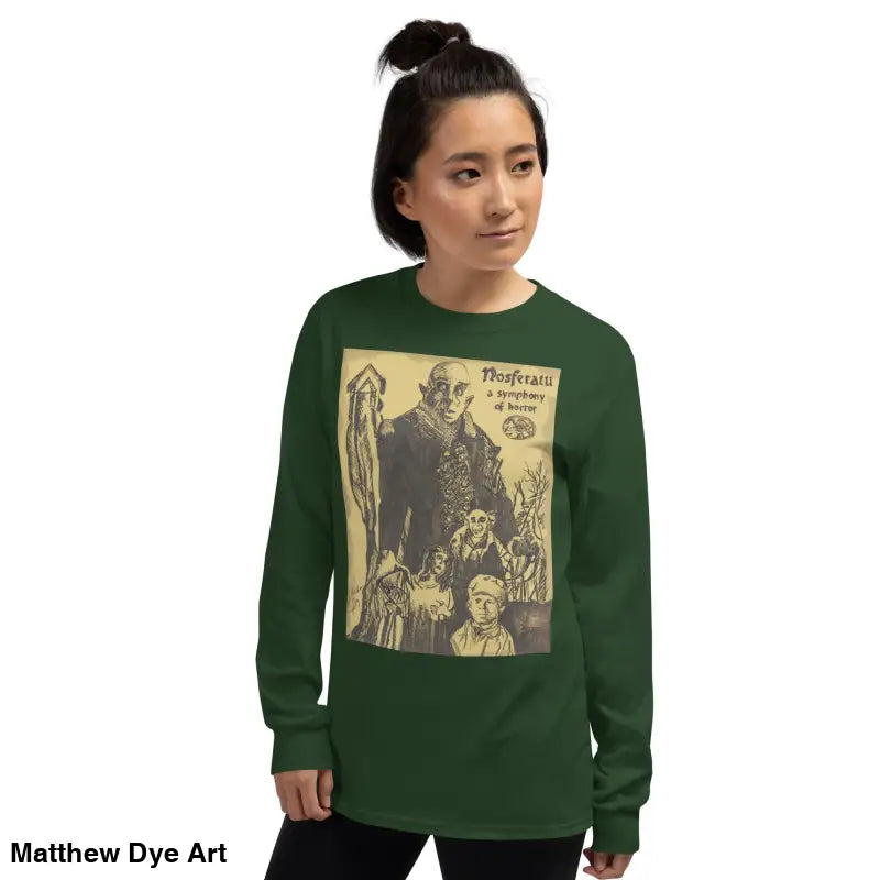Green long-sleeved Nosferatu-inspired shirt featuring Count Orlok vintage horror art