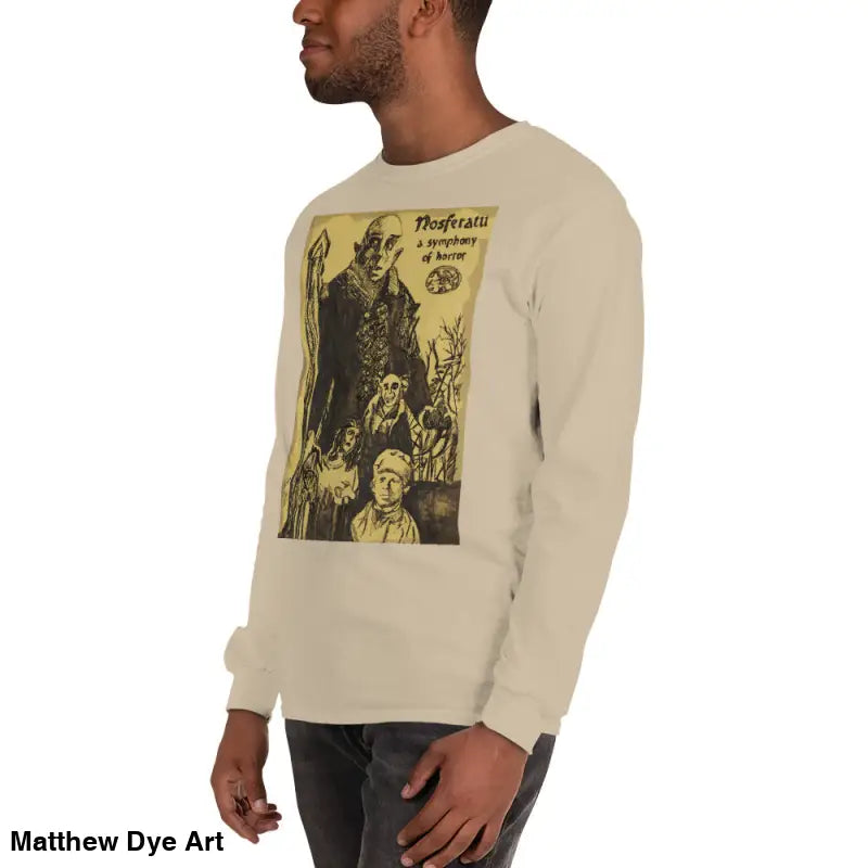Beige long-sleeved shirt featuring Nosferatu-inspired Count Orlok graphic for classic horror fans