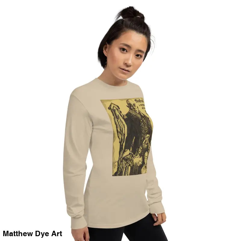 Beige long-sleeved Nosferatu-inspired shirt featuring Count Orlok graphic