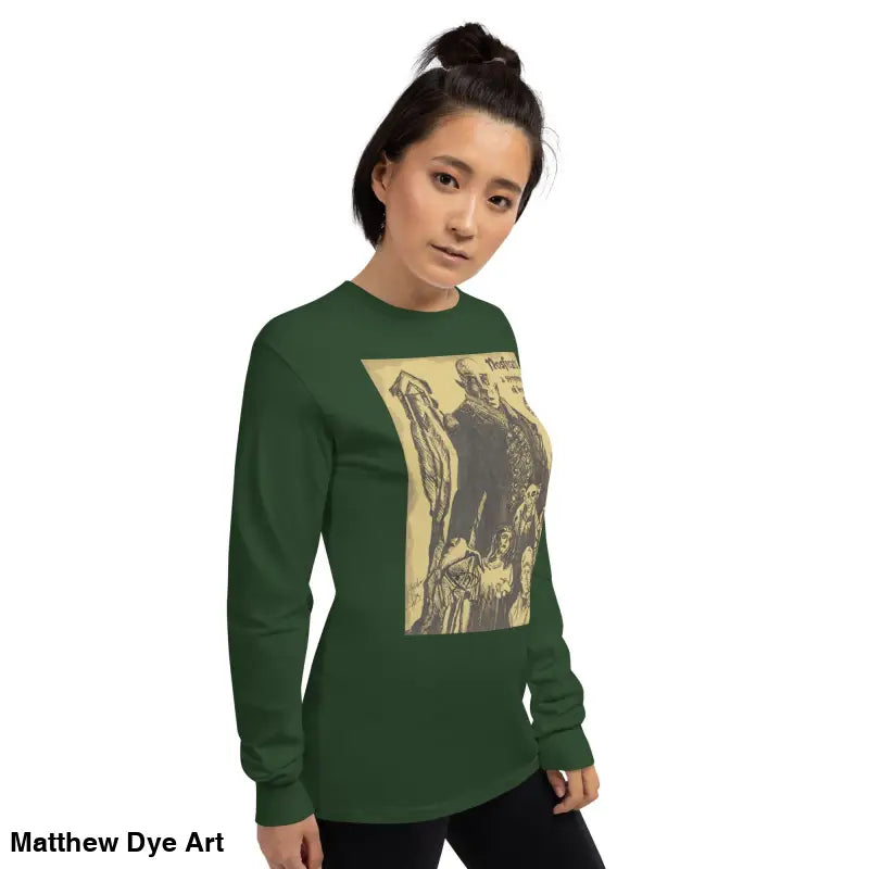 Green long-sleeved Nosferatu-inspired shirt featuring vintage anatomical illustration