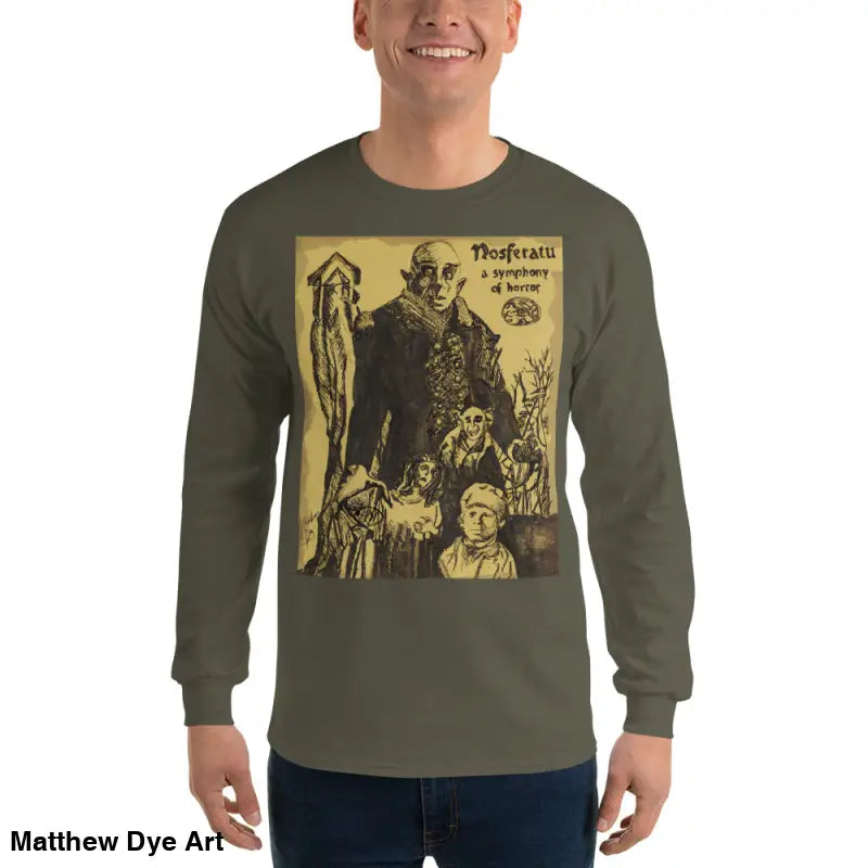 Nosferatu-inspired long sleeve shirt featuring Count Orlok vintage horror art