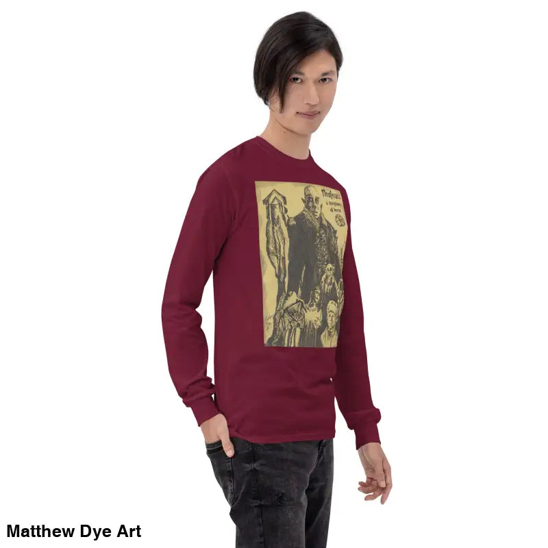Maroon Nosferatu-inspired long sleeve shirt featuring Count Orlok graphic design