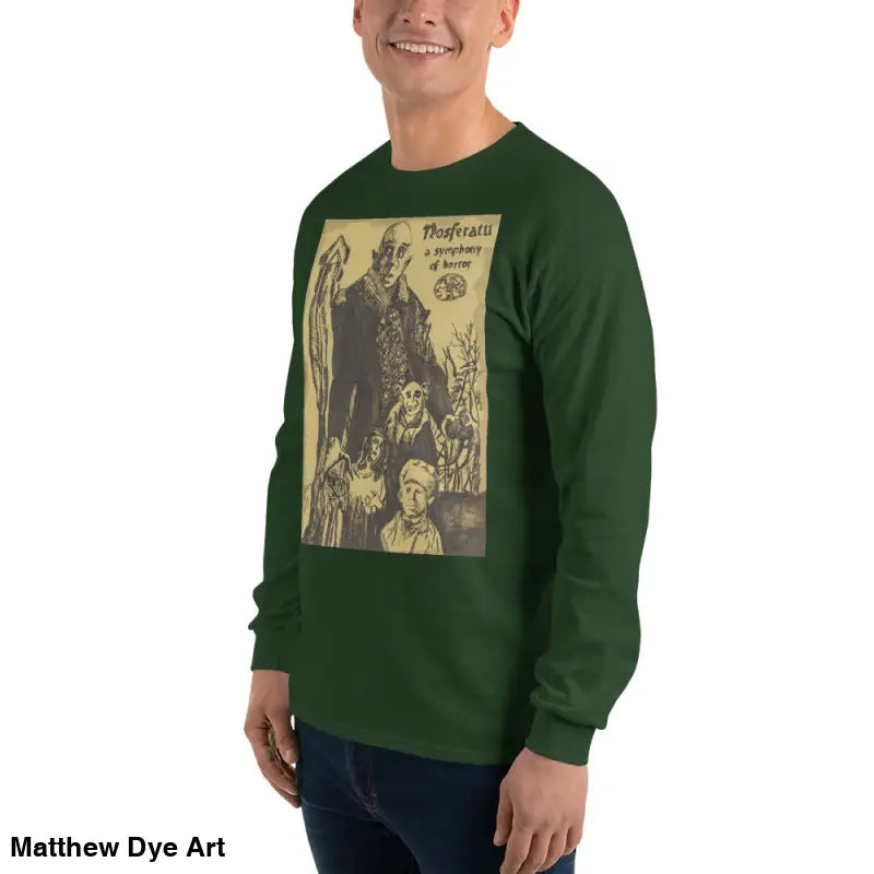 Green long-sleeved Nosferatu-inspired shirt featuring Count Orlok vintage horror art