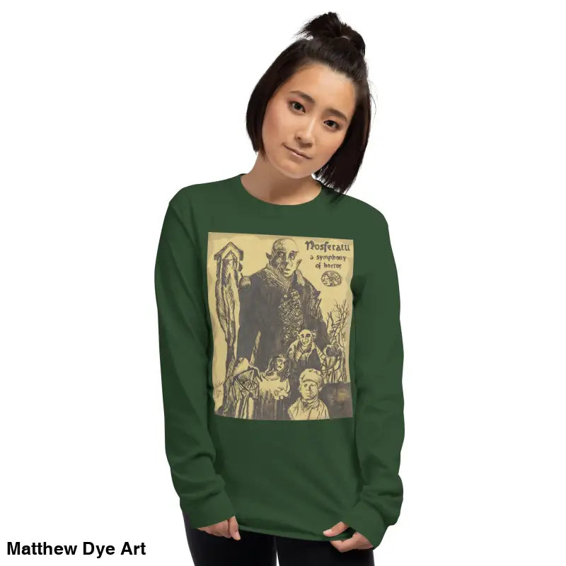 Green long-sleeved shirt featuring Count Orlok in Nosferatu-inspired classic horror art