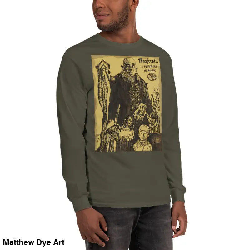 Olive green long-sleeved shirt featuring Count Orlok graphic from classic horror Nosferatu