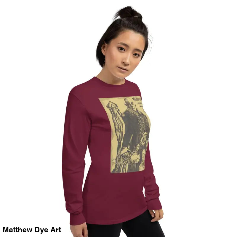 Maroon long-sleeved Nosferatu-inspired shirt featuring anatomical drawing for classic horror fans