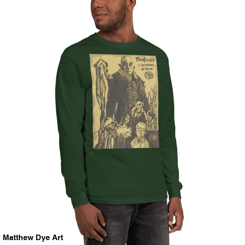 Green Nosferatu-inspired long sleeve shirt featuring Count Orlok graphic for classic horror fans