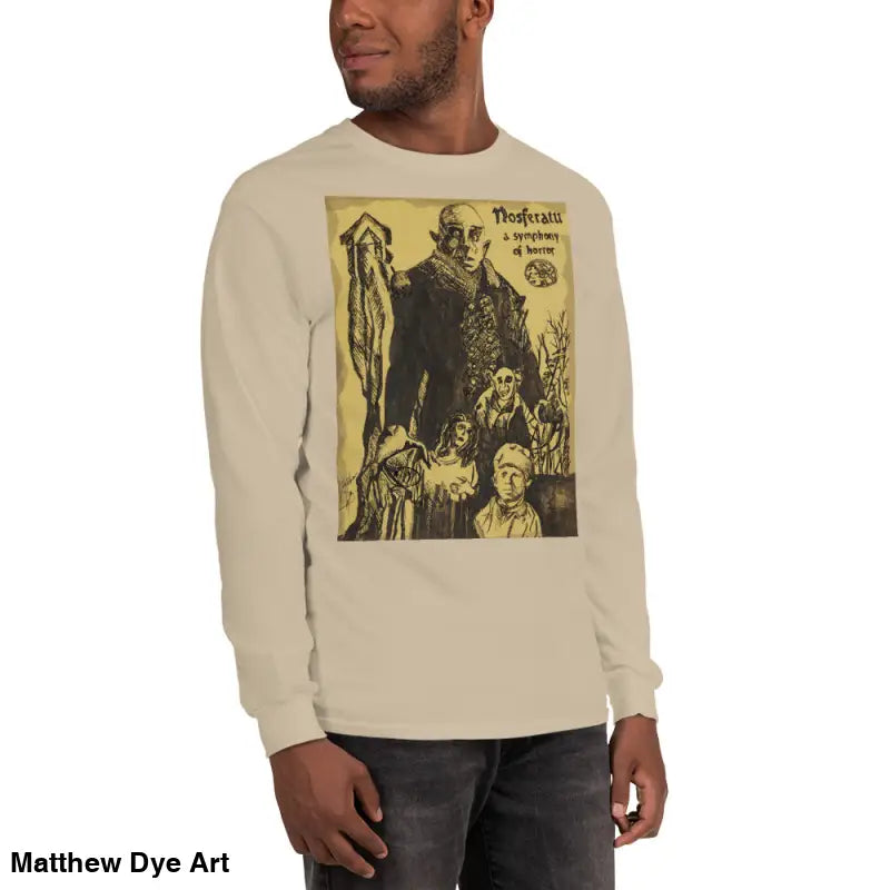 Beige Nosferatu-inspired long sleeve shirt featuring Count Orlok graphic for classic horror fans