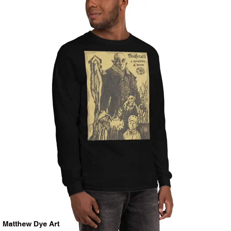 Black long-sleeved shirt featuring Nosferatu-inspired graphic of Count Orlok, classic horror art