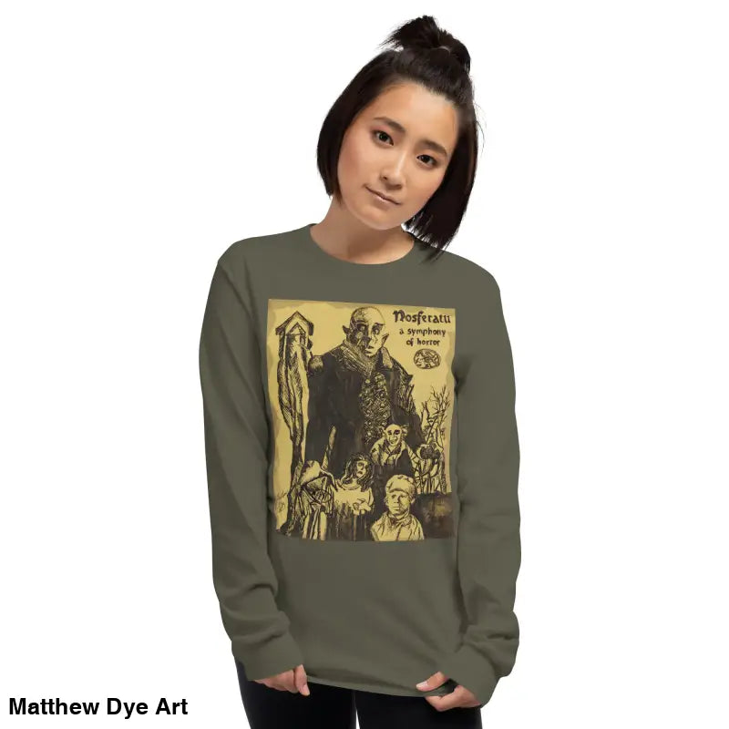 Olive-green Nosferatu unisex long sleeve shirt featuring Count Orlok classic horror design