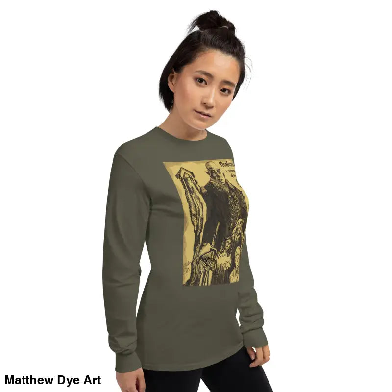 Olive green long-sleeved Nosferatu-inspired shirt featuring Count Orlok vintage horror art