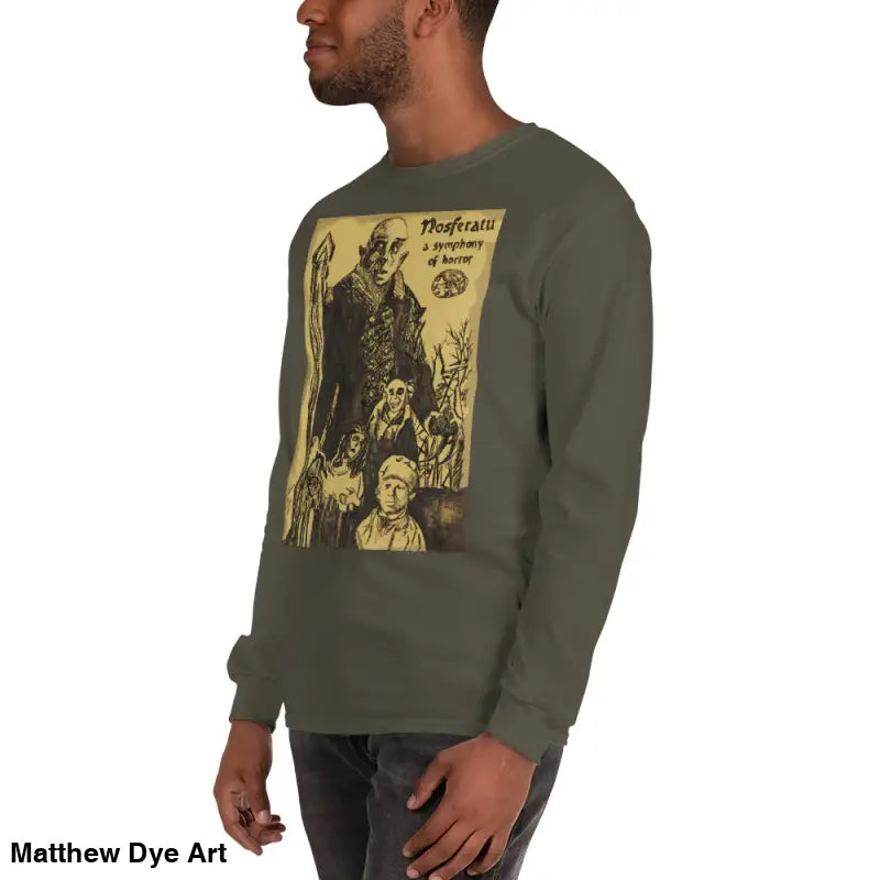 Olive green Nosferatu-inspired long sleeve shirt featuring Count Orlok graphic design