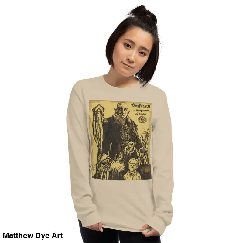 Beige long-sleeved Nosferatu-inspired shirt featuring Count Orlok vintage horror graphic
