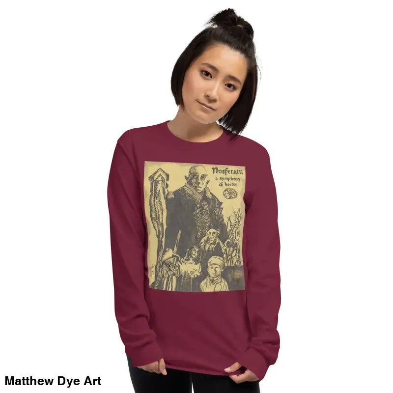 Maroon long-sleeved shirt featuring Nosferatu graphic, inspired by classic horror art