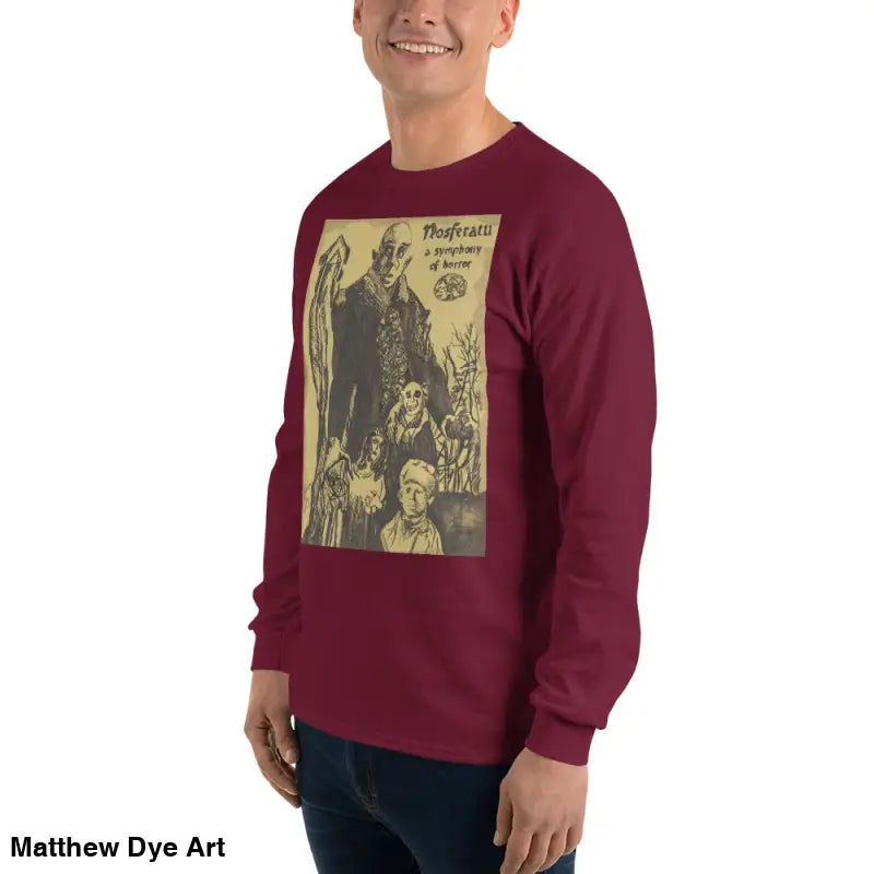 Maroon Nosferatu-inspired long sleeve shirt featuring Count Orlok horror graphic