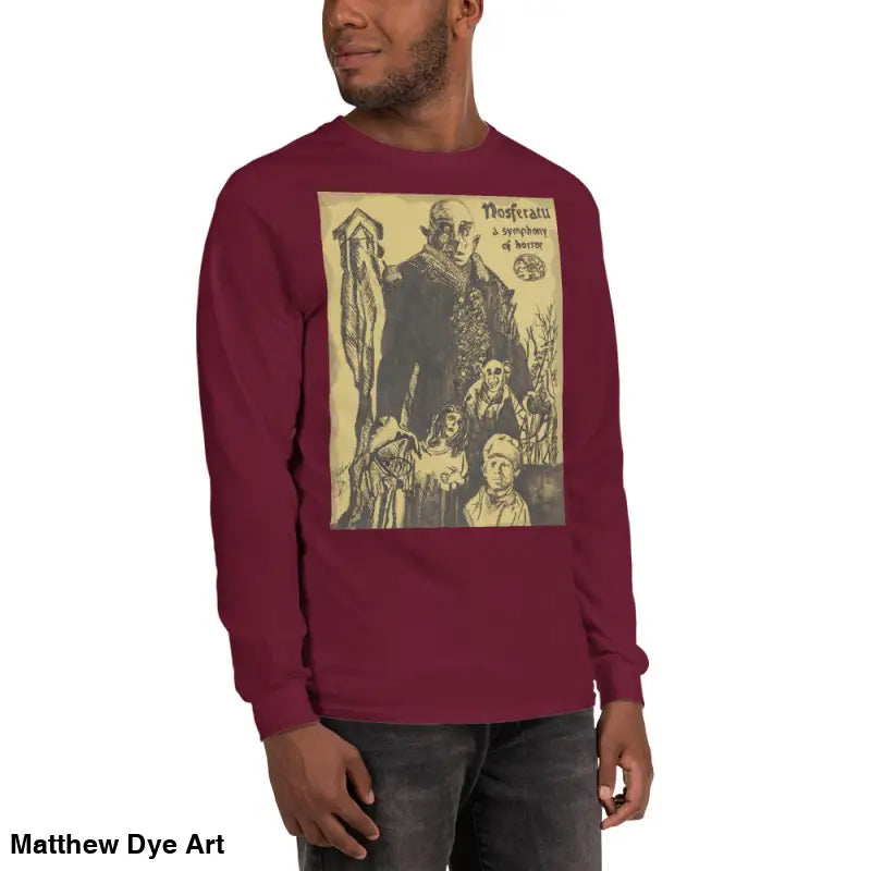 Maroon Nosferatu-inspired long sleeve shirt featuring Count Orlok graphic, classic horror art