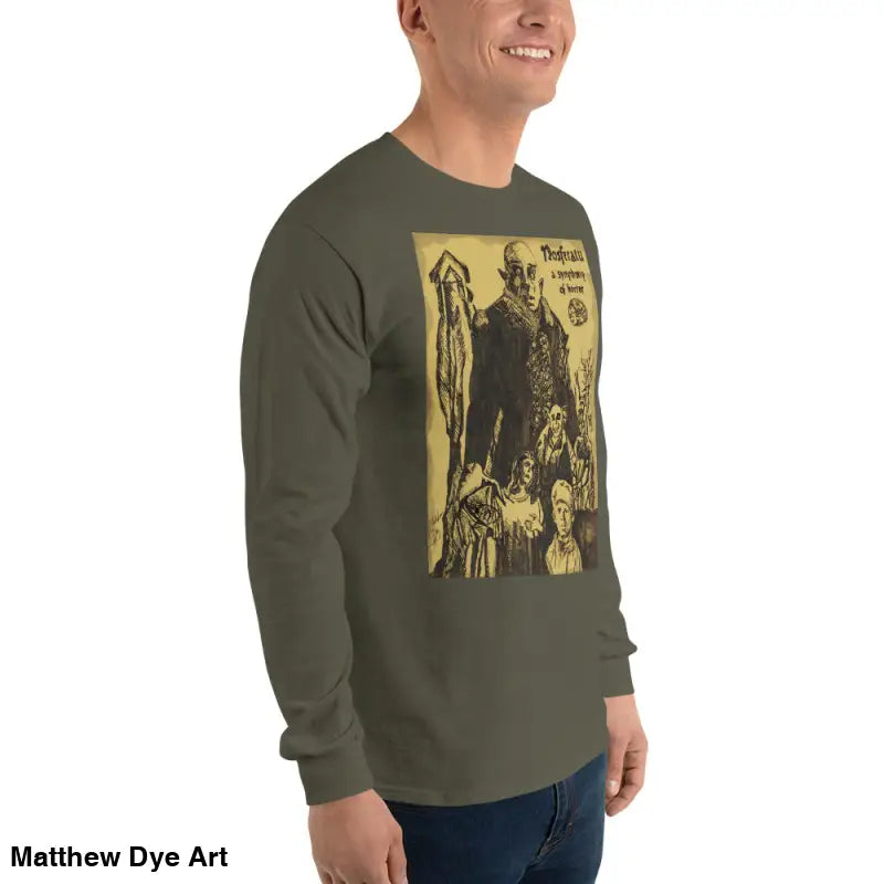 Olive green Nosferatu-inspired long sleeve shirt featuring Count Orlok vintage horror art