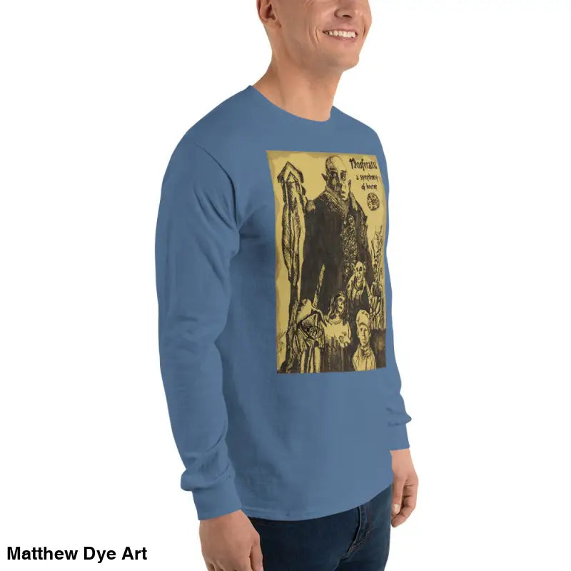 Blue long-sleeved Nosferatu-inspired shirt featuring Count Orlok vintage horror art