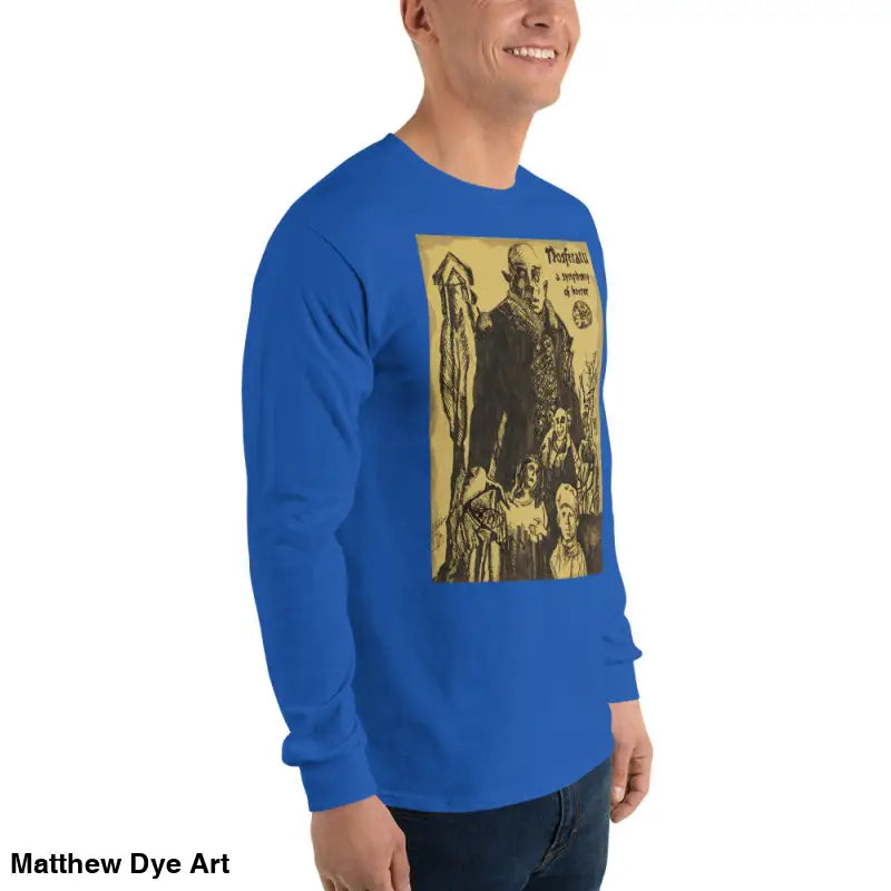 Blue long-sleeved shirt featuring Nosferatu-inspired art with Count Orlok from classic horror