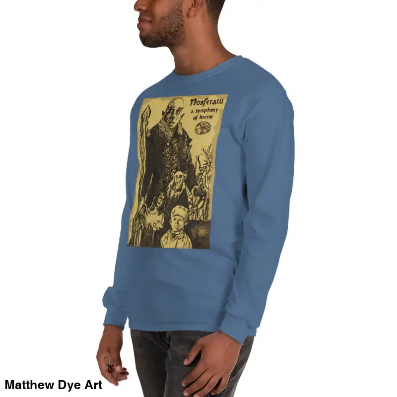 Blue long-sleeved shirt featuring Nosferatu-inspired graphic of Count Orlok, classic horror art