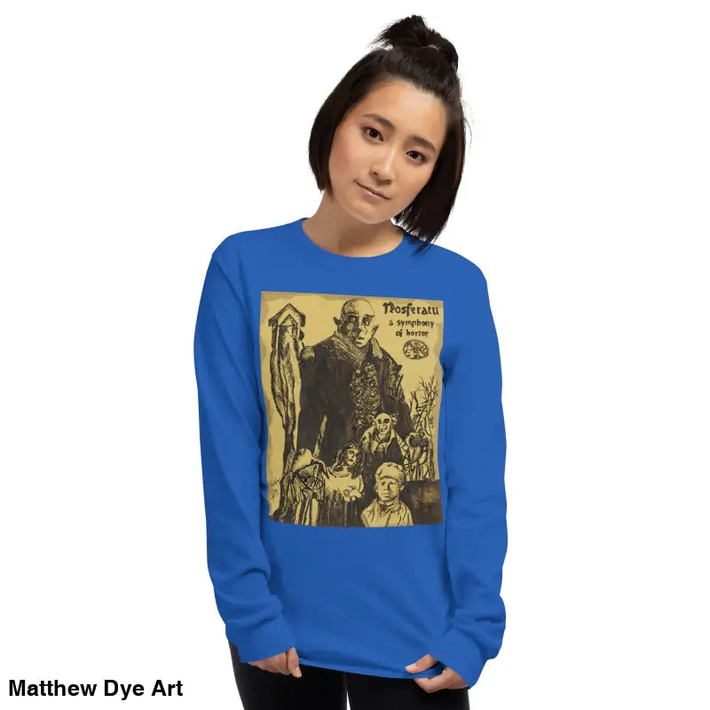 Blue long-sleeved shirt featuring Nosferatu-inspired graphic of Count Orlok, vintage horror art