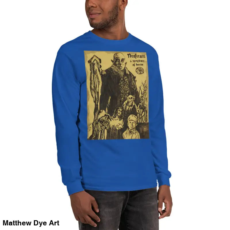 Blue long-sleeved shirt featuring Nosferatu-inspired graphic art of Count Orlok