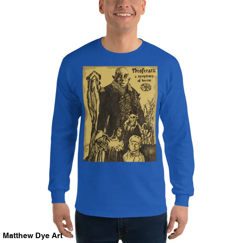 Blue Nosferatu-inspired long sleeve shirt featuring Count Orlok graphic and vintage horror art