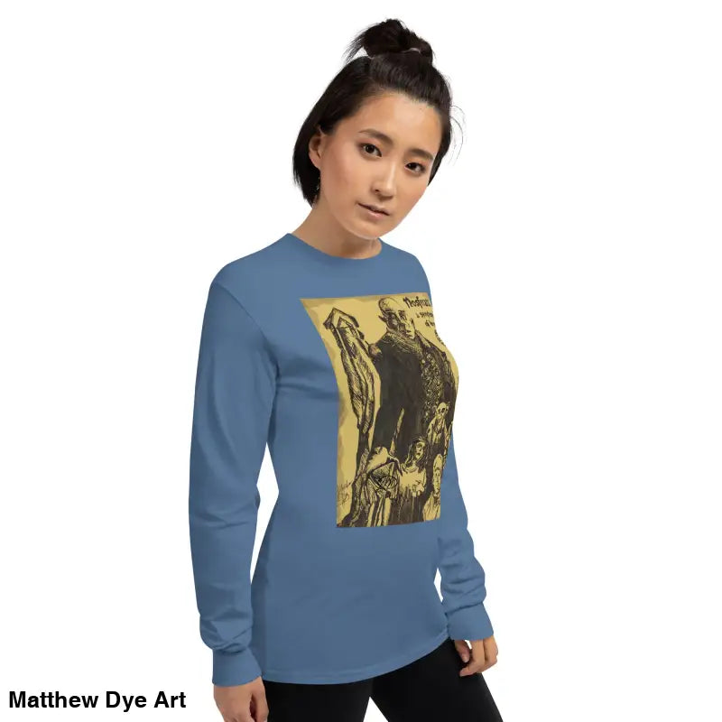 Blue long-sleeved Nosferatu-inspired shirt featuring graphic of Count Orlok, classic horror art