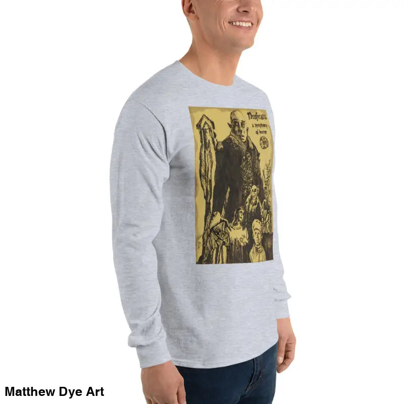 Gray long-sleeved shirt featuring Nosferatu-inspired vintage horror art of Count Orlok