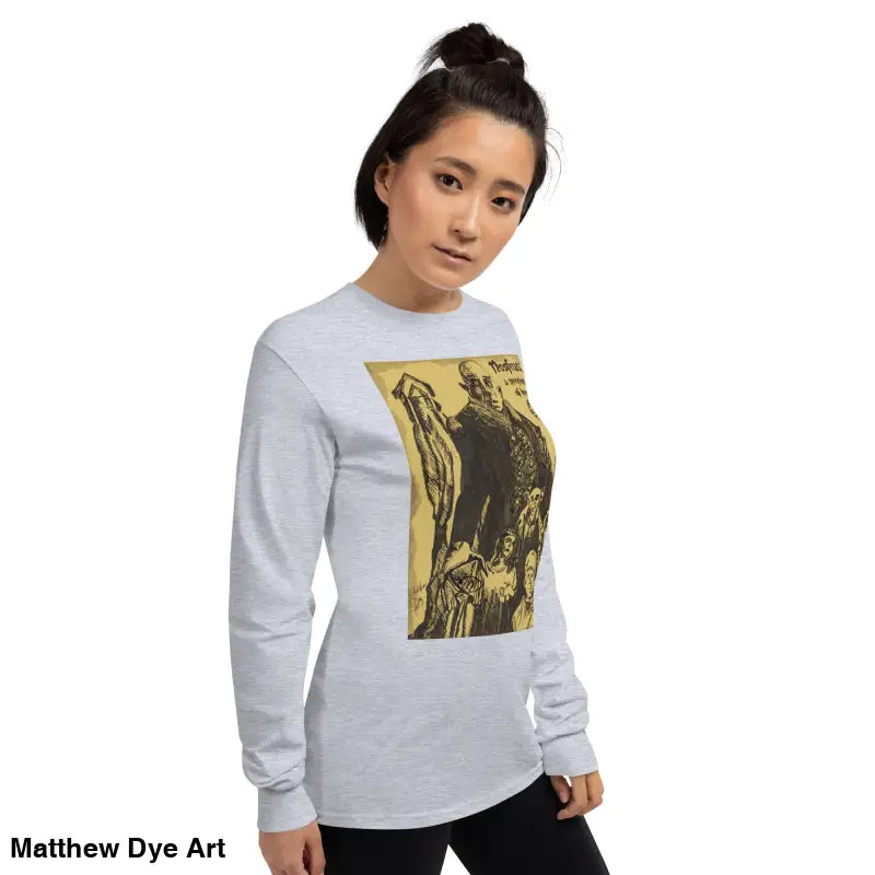 Gray long-sleeved shirt with Count Orlok graphic, perfect for nosferatu-inspired style