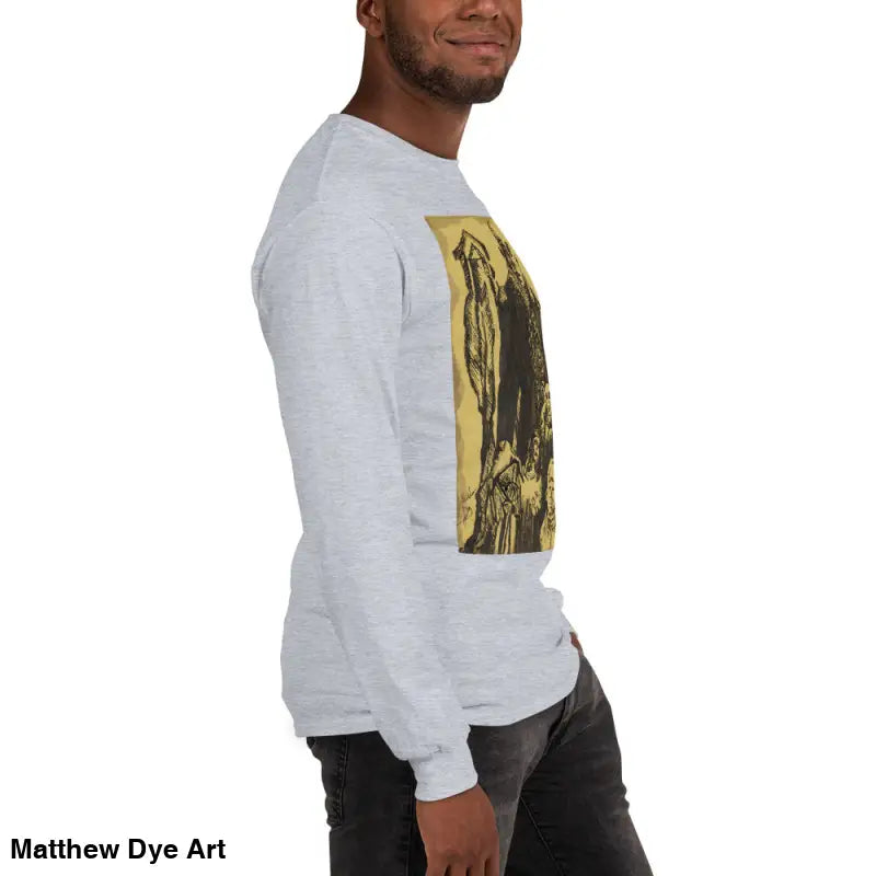 Gray long-sleeved shirt featuring Nosferatu-inspired graphic of Count Orlok, classic horror art