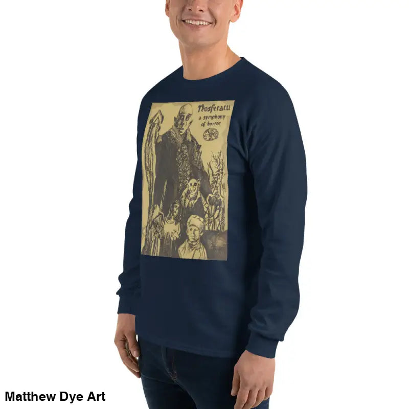 Navy long-sleeved Nosferatu-inspired shirt featuring Count Orlok vintage horror art
