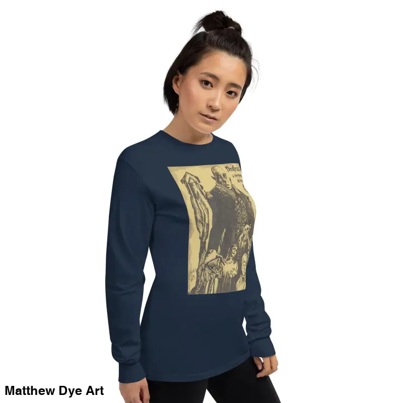 Navy long-sleeved shirt featuring Count Orlok anatomical print, Nosferatu-inspired design
