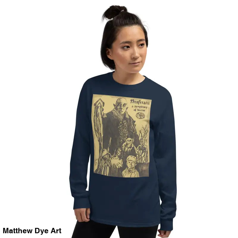 Navy long-sleeved shirt featuring Nosferatu-inspired graphic of Count Orlok for classic horror fans