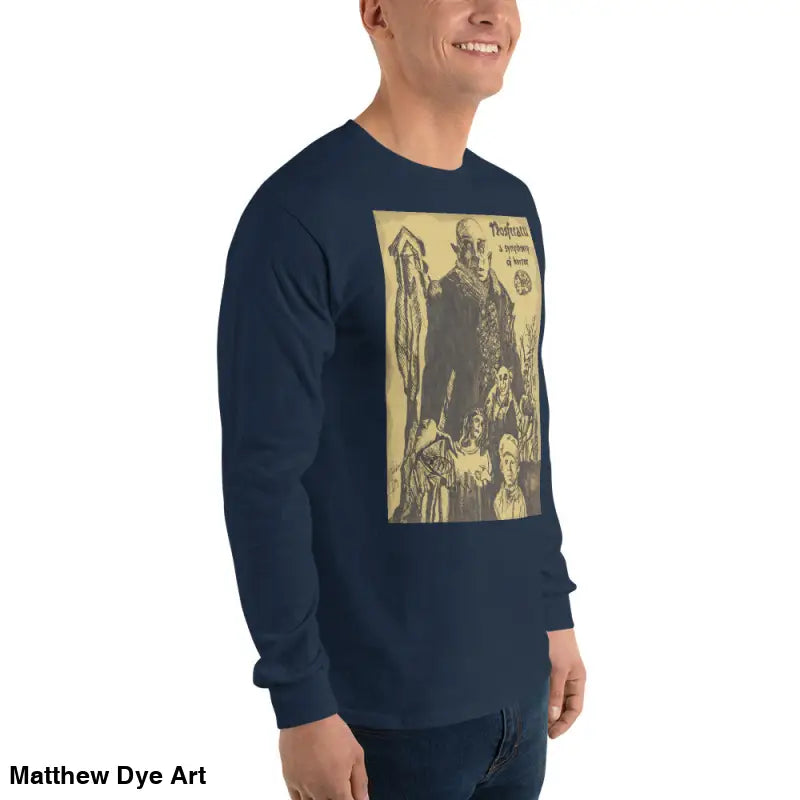 Navy long-sleeved Nosferatu-inspired shirt featuring Count Orlok vintage horror art
