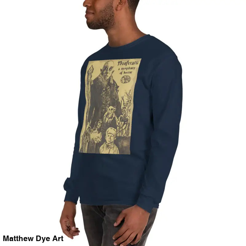 Navy long-sleeved Nosferatu-inspired shirt featuring Count Orlok vintage horror graphic
