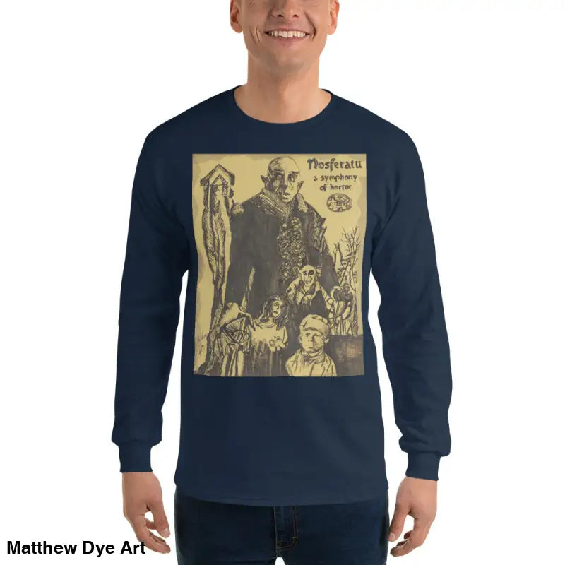 Navy long-sleeved shirt featuring Nosferatu-inspired graphic of Count Orlok in vintage style