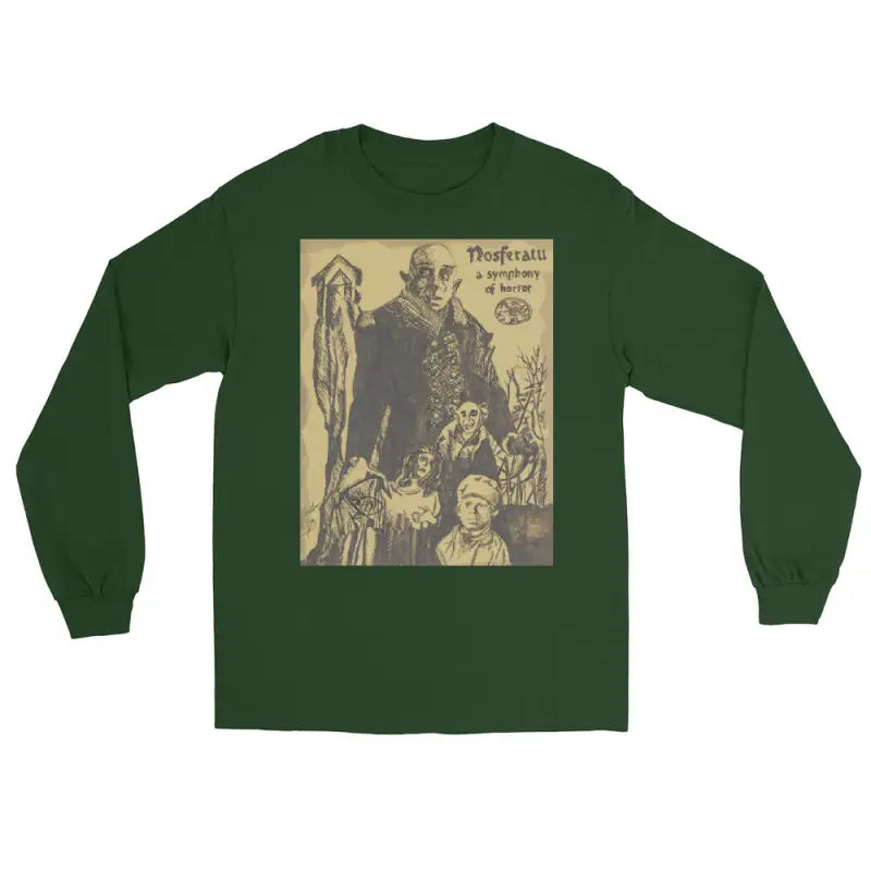 Green long-sleeved shirt featuring Count Orlok Nosferatu-inspired graphic for classic horror fans