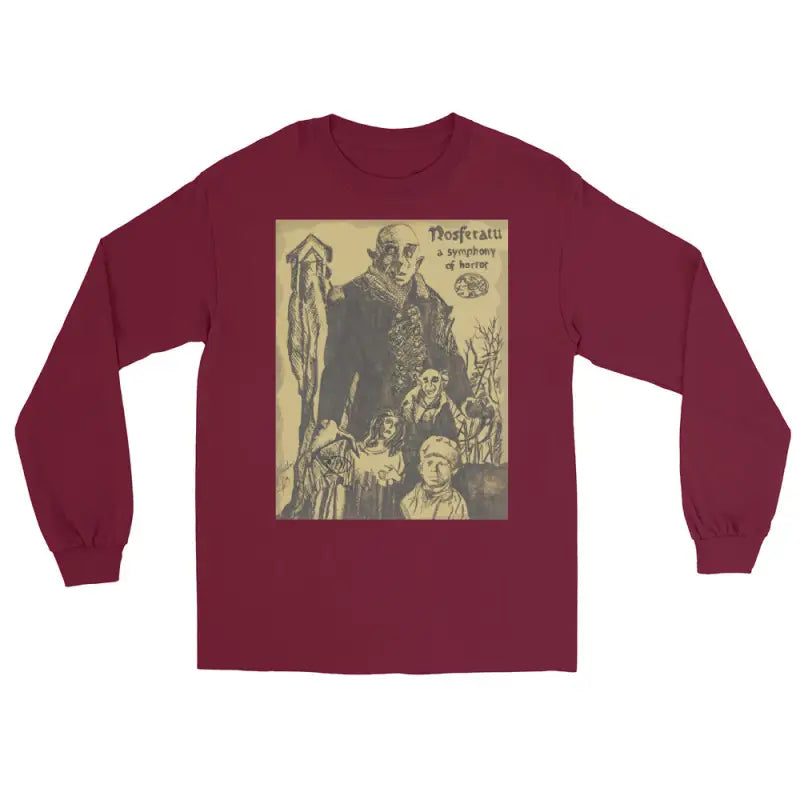Maroon Nosferatu-inspired long sleeve shirt featuring Count Orlok graphic design