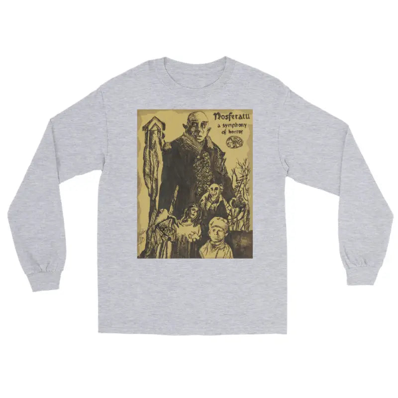 Gray Nosferatu-inspired long sleeve shirt featuring Count Orlok graphic for classic horror fans