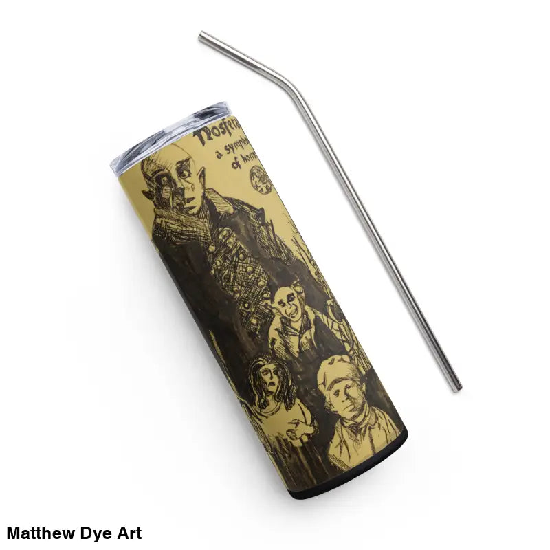 Horror-themed Nosferatu stainless steel tumbler with metal straw featuring gothic artwork