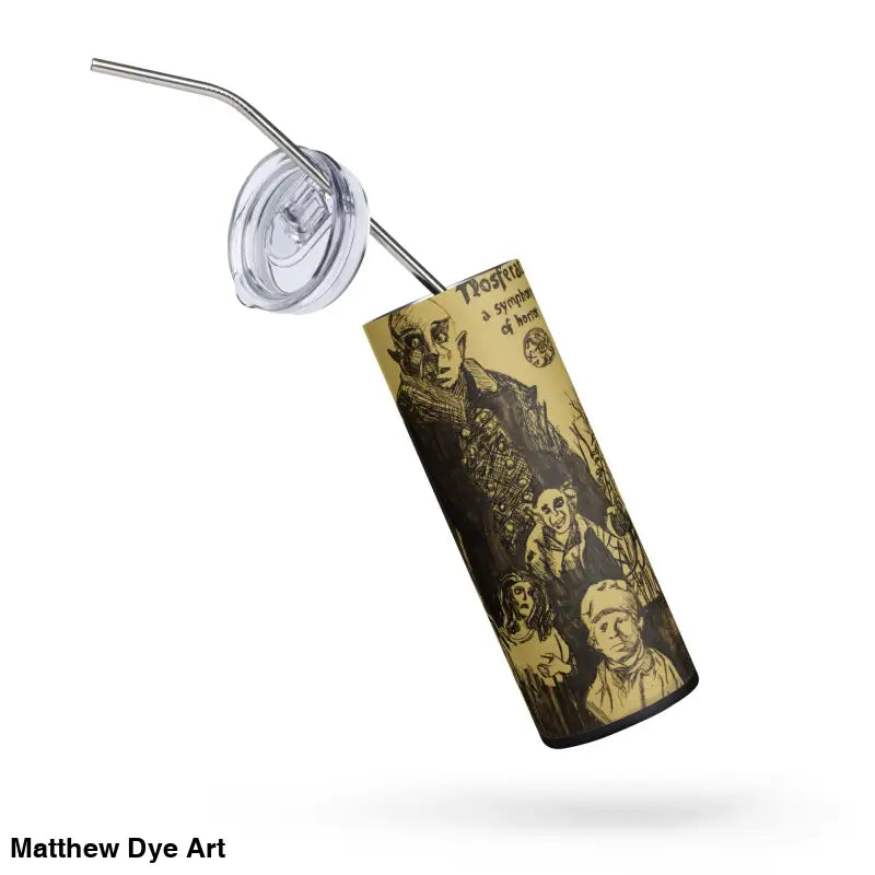 Horror-themed Nosferatu stainless steel tumbler with straw and lid for gothic enthusiasts