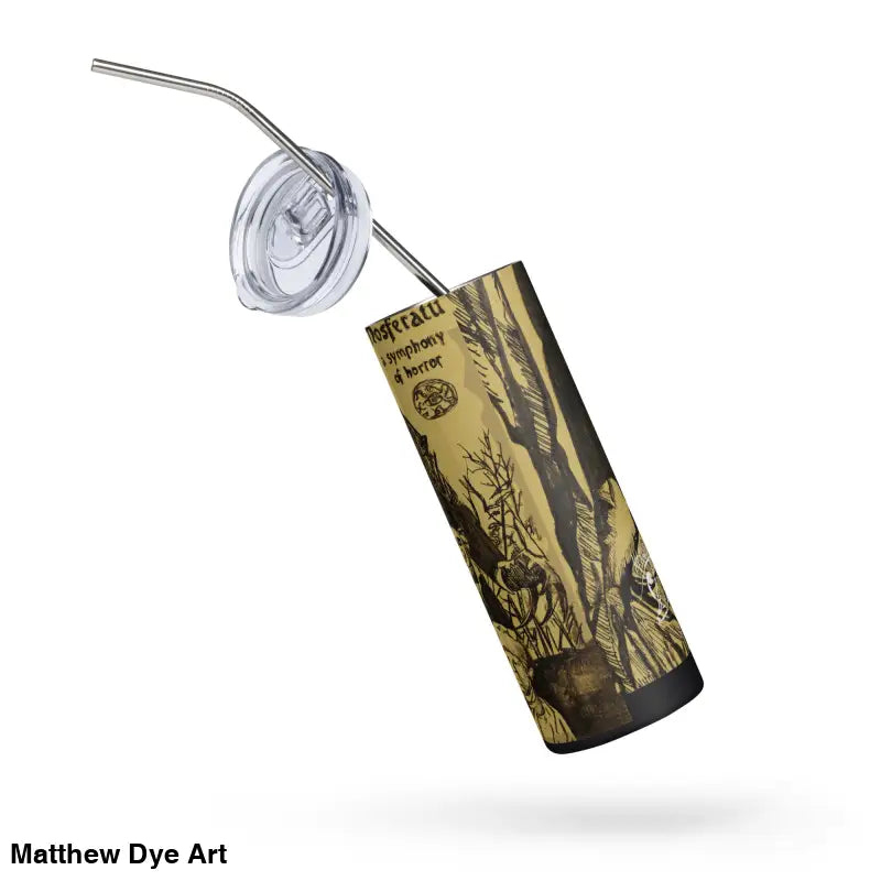 Horror-themed Nosferatu stainless steel tumbler with straw showcasing Gothic artwork